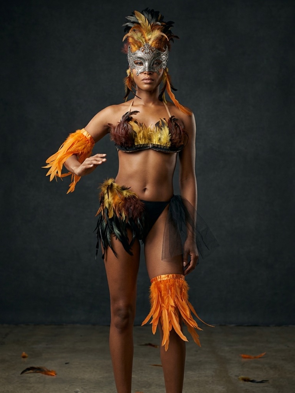 Feathered Carnival Costume Set - Orange & Black